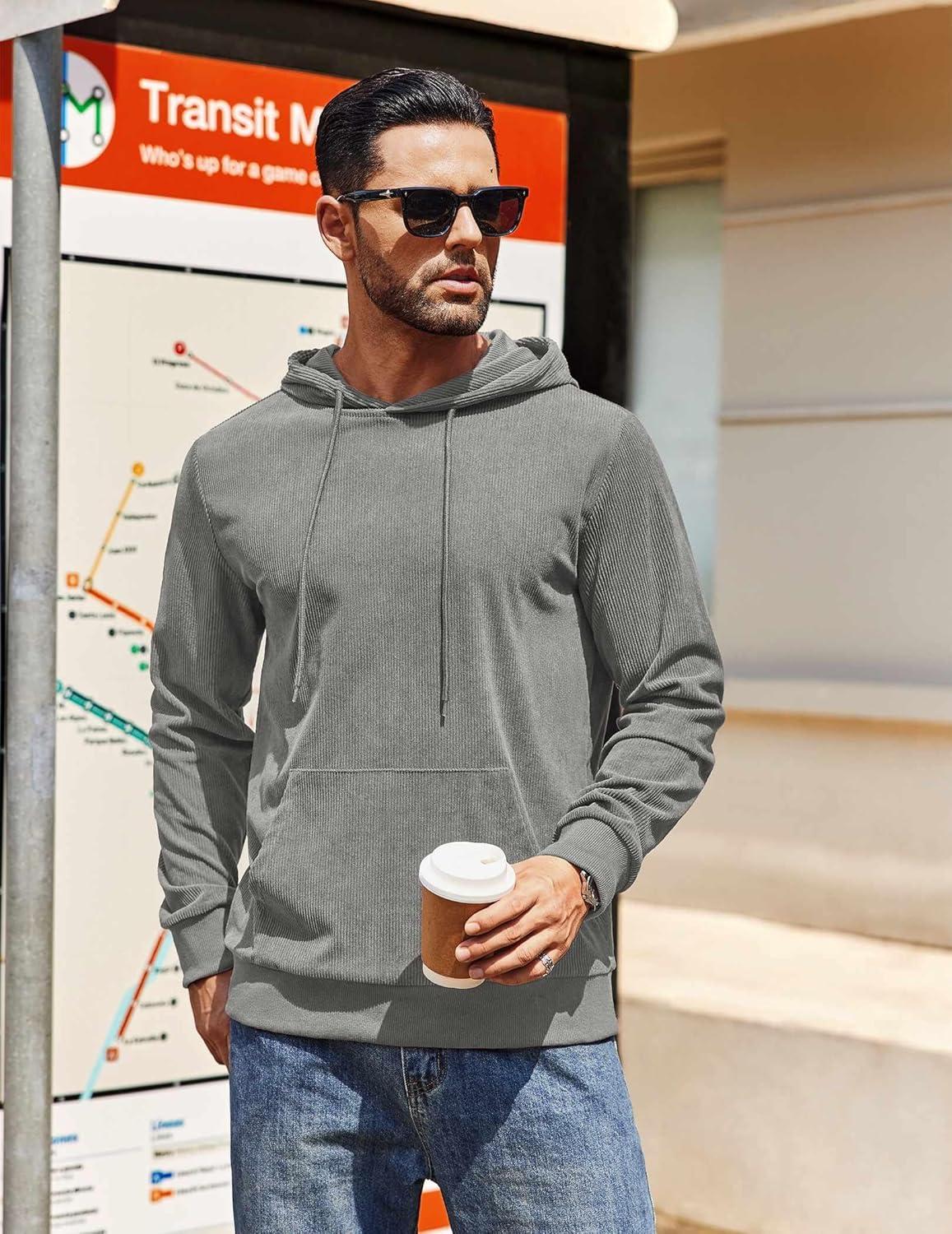 imageCOOFANDY Mens Hooded Sweatshirt Long Sleeve Casual Corduroy Drawstring Pullover Hoodies with PocketLight Grey