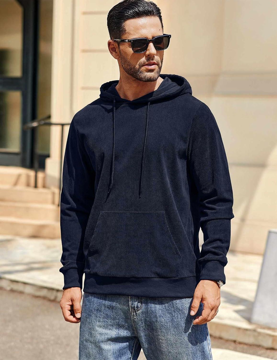 imageCOOFANDY Mens Hooded Sweatshirt Long Sleeve Casual Corduroy Drawstring Pullover Hoodies with PocketNavy Blue