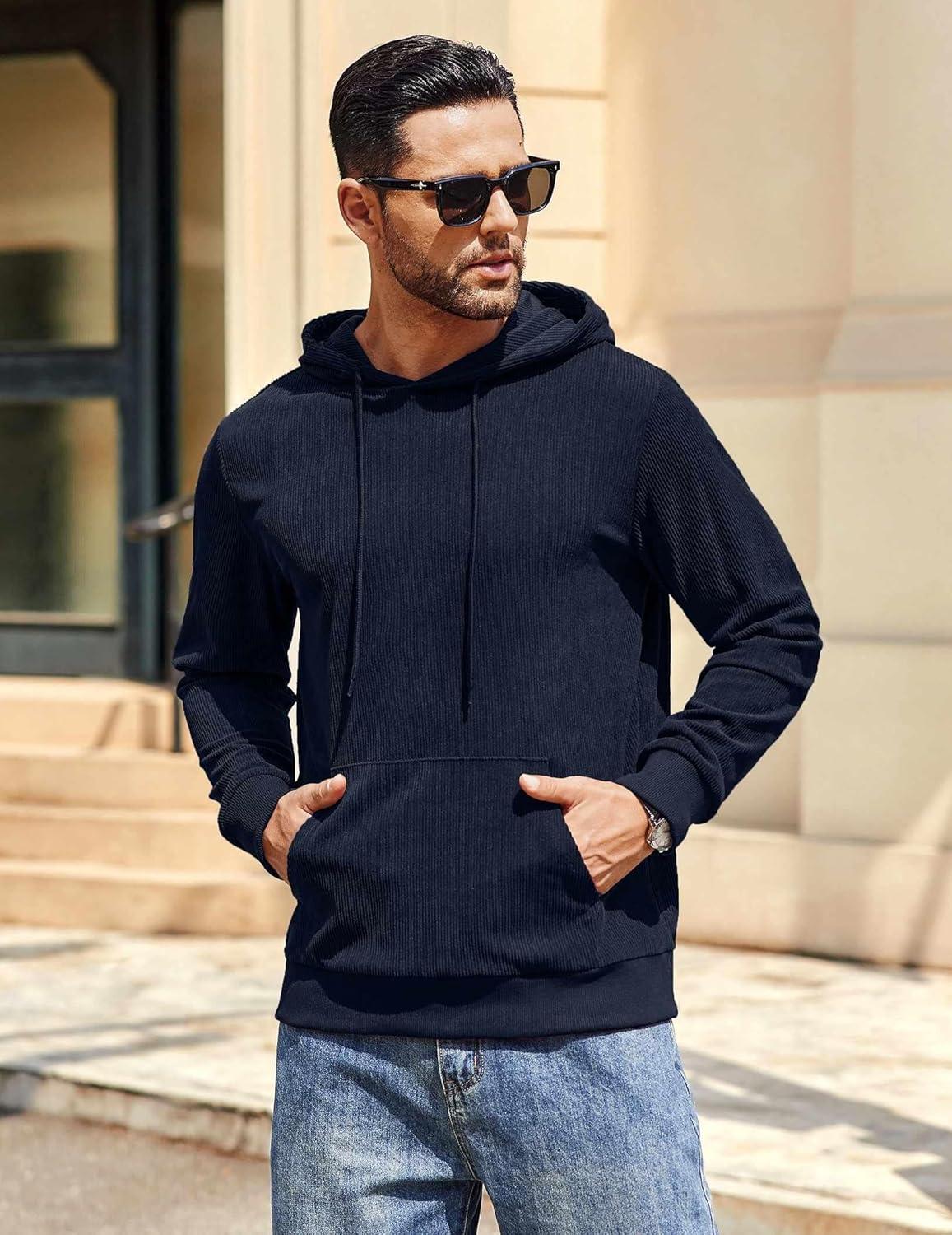 imageCOOFANDY Mens Hooded Sweatshirt Long Sleeve Casual Corduroy Drawstring Pullover Hoodies with PocketNavy Blue
