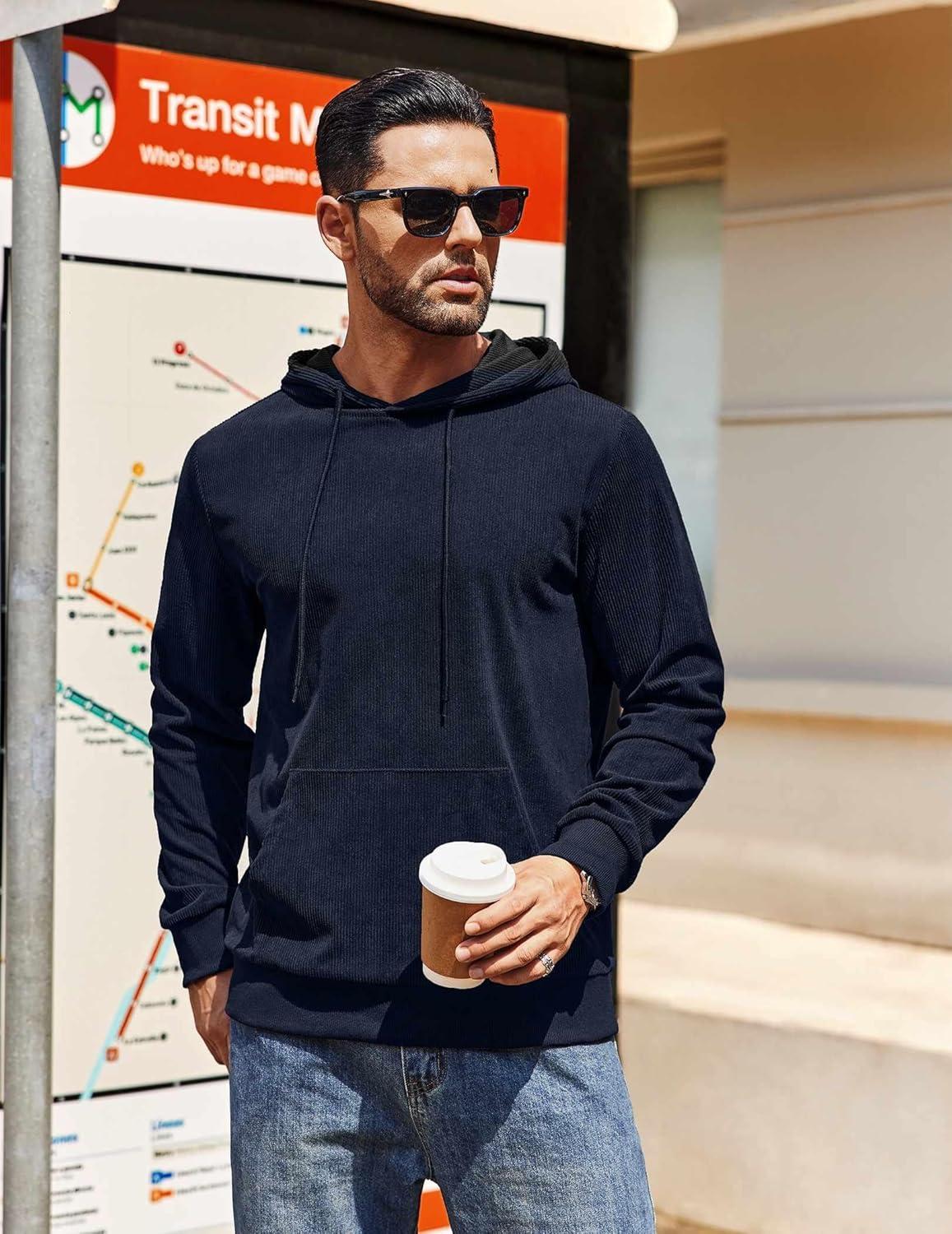 imageCOOFANDY Mens Hooded Sweatshirt Long Sleeve Casual Corduroy Drawstring Pullover Hoodies with PocketNavy Blue