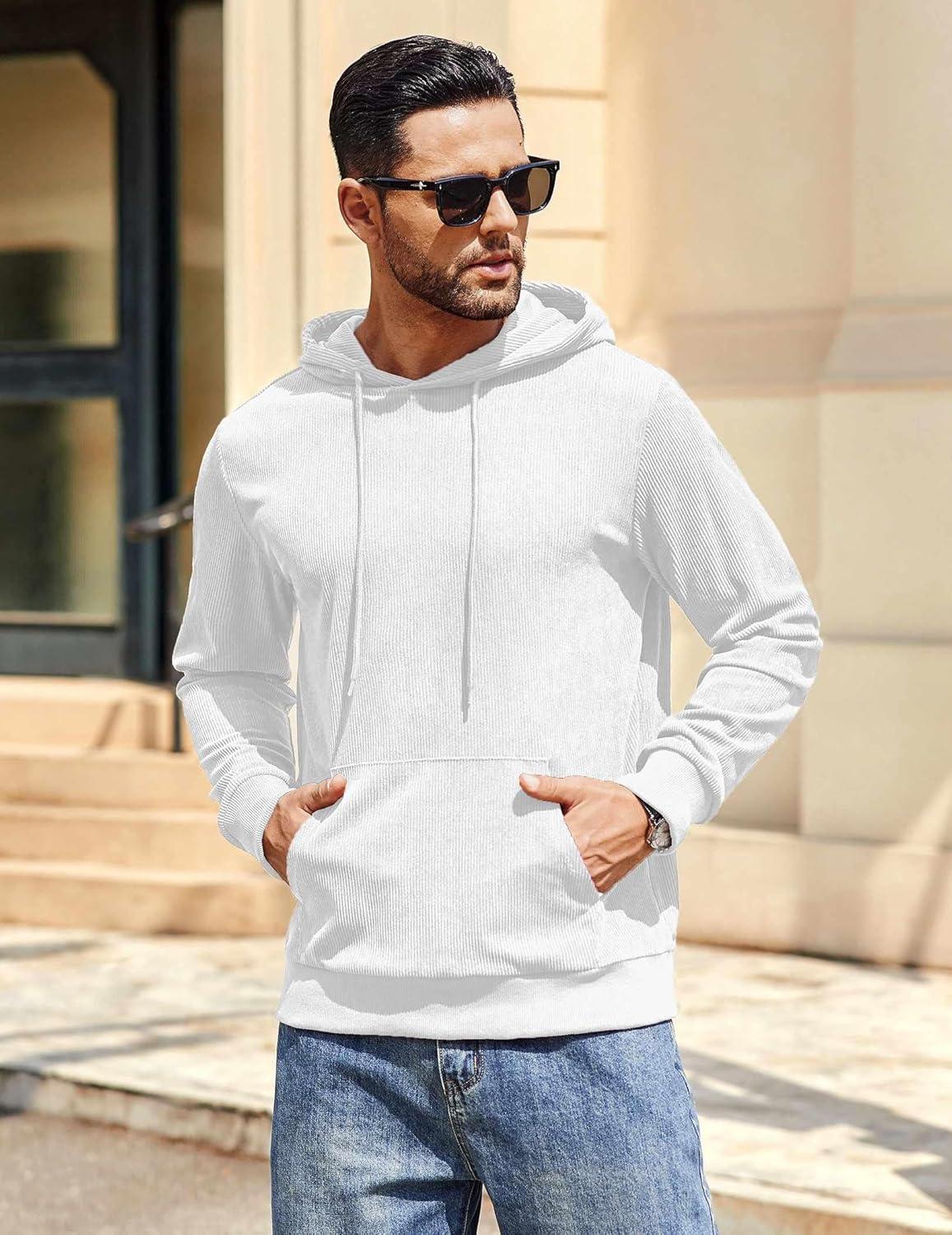 imageCOOFANDY Mens Hooded Sweatshirt Long Sleeve Casual Corduroy Drawstring Pullover Hoodies with PocketWhite