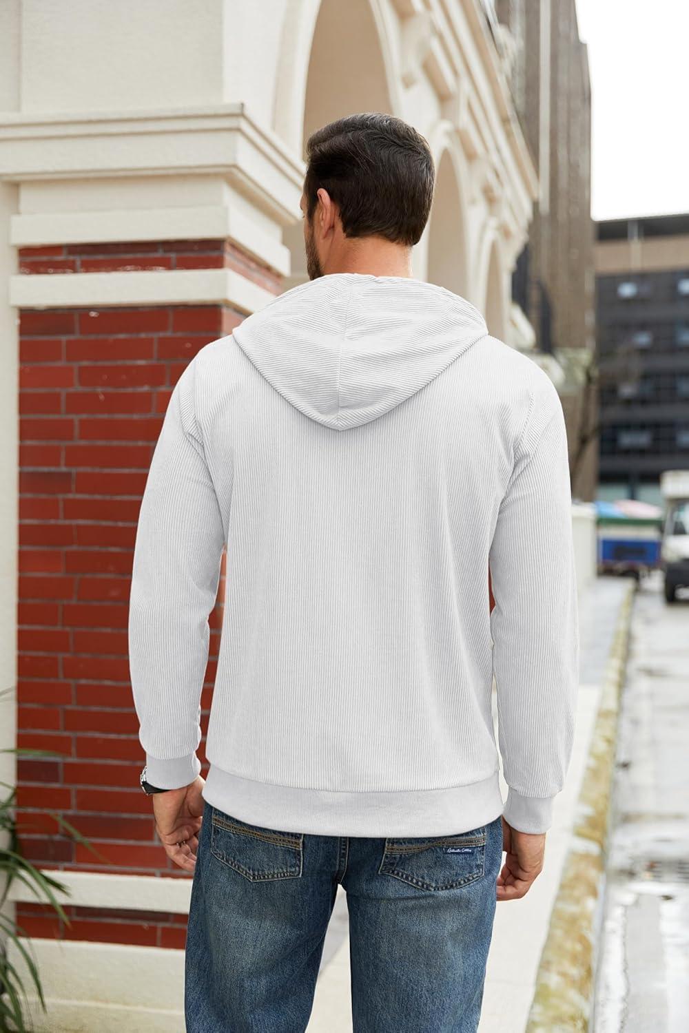 imageCOOFANDY Mens Hooded Sweatshirt Long Sleeve Casual Corduroy Drawstring Pullover Hoodies with PocketWhite