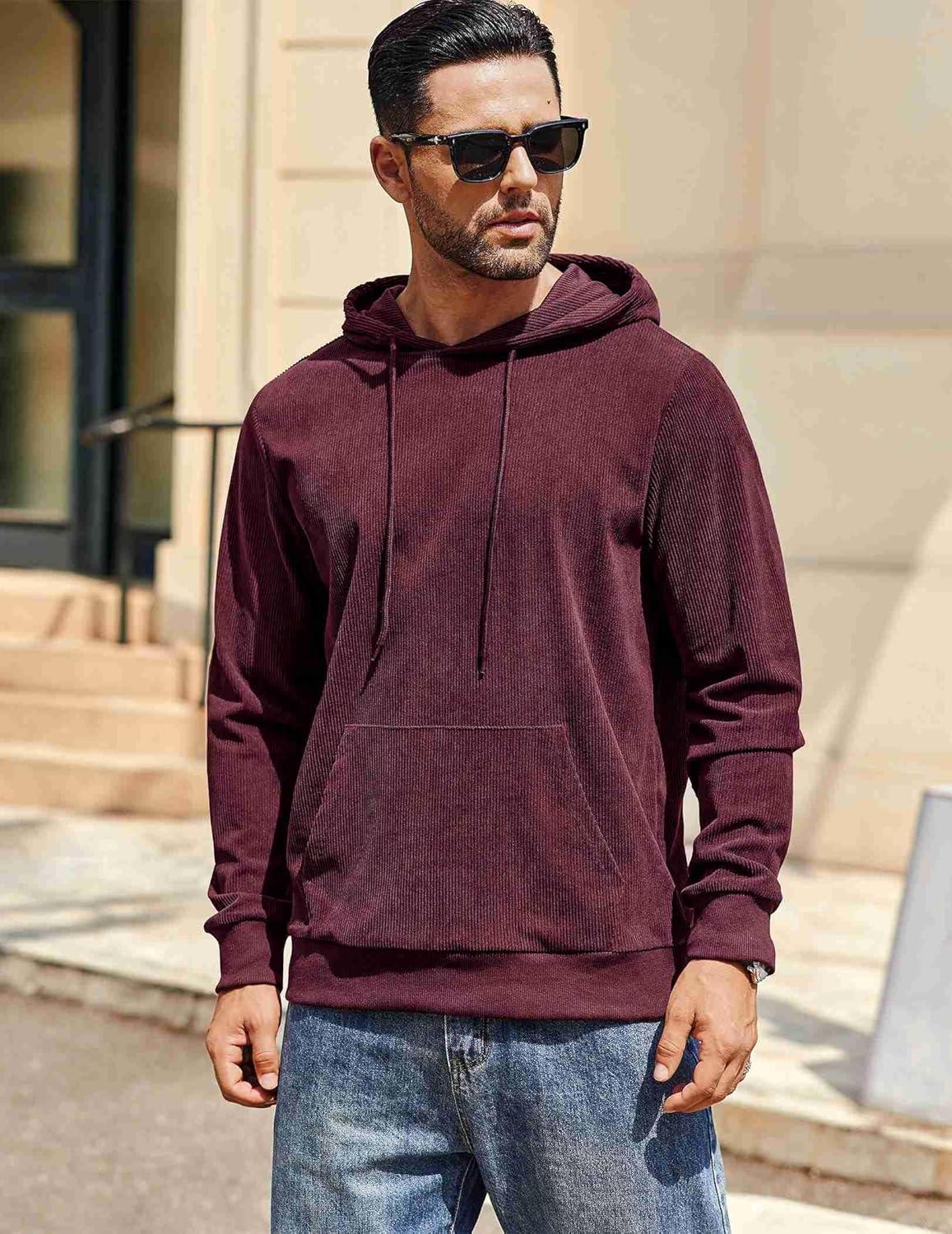 imageCOOFANDY Mens Hooded Sweatshirt Long Sleeve Casual Corduroy Drawstring Pullover Hoodies with PocketWine Red