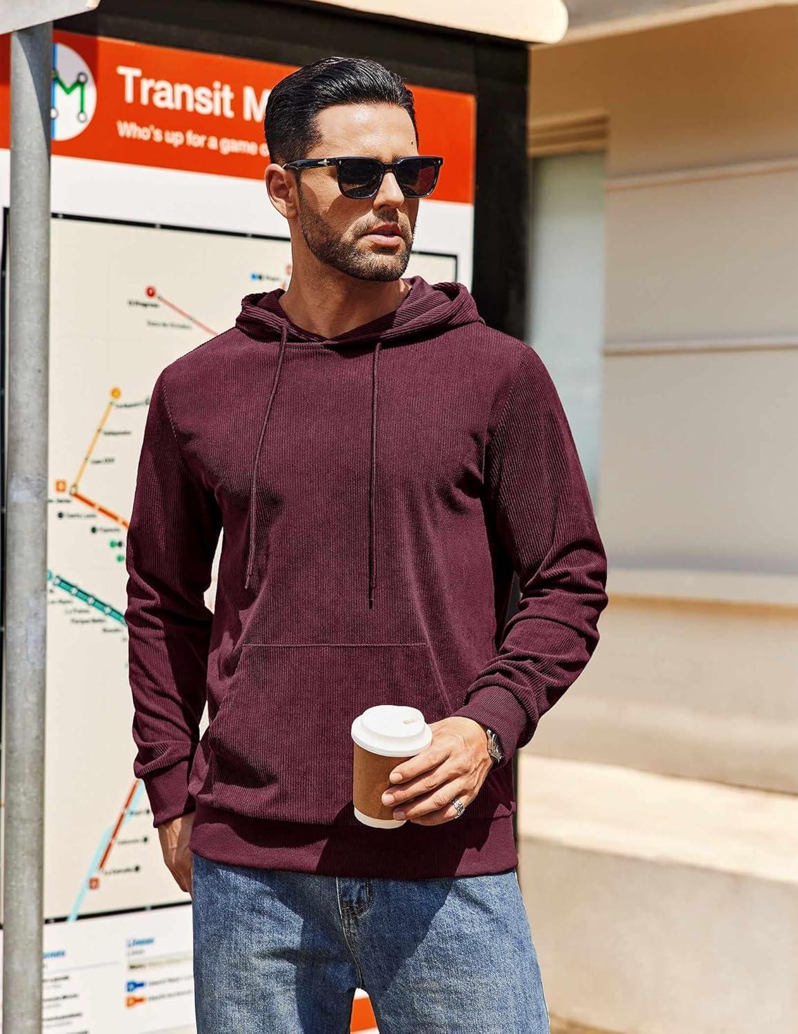 imageCOOFANDY Mens Hooded Sweatshirt Long Sleeve Casual Corduroy Drawstring Pullover Hoodies with PocketWine Red