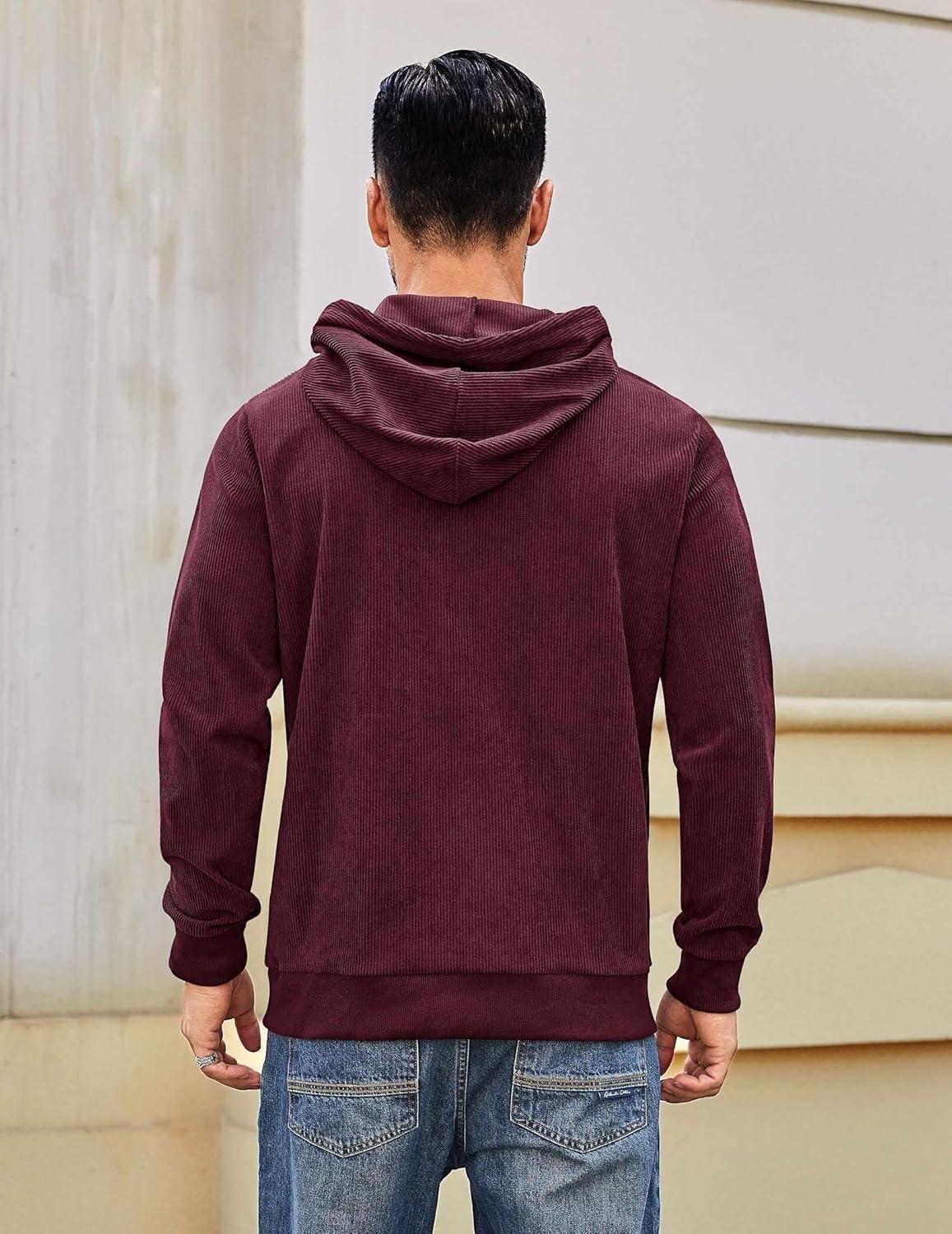imageCOOFANDY Mens Hooded Sweatshirt Long Sleeve Casual Corduroy Drawstring Pullover Hoodies with PocketWine Red