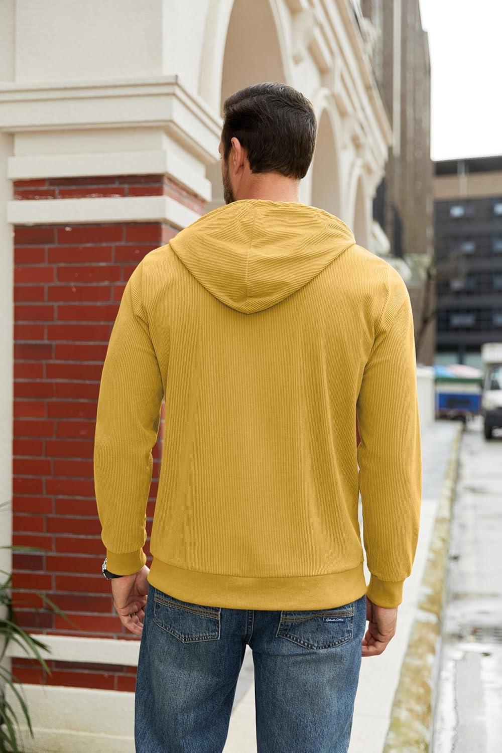 imageCOOFANDY Mens Hooded Sweatshirt Long Sleeve Casual Corduroy Drawstring Pullover Hoodies with PocketYellow