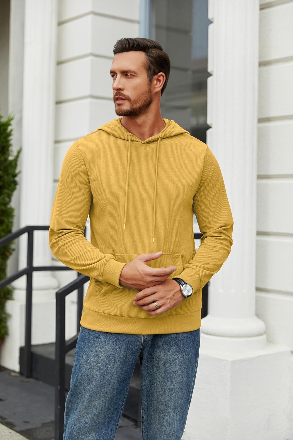 imageCOOFANDY Mens Hooded Sweatshirt Long Sleeve Casual Corduroy Drawstring Pullover Hoodies with PocketYellow
