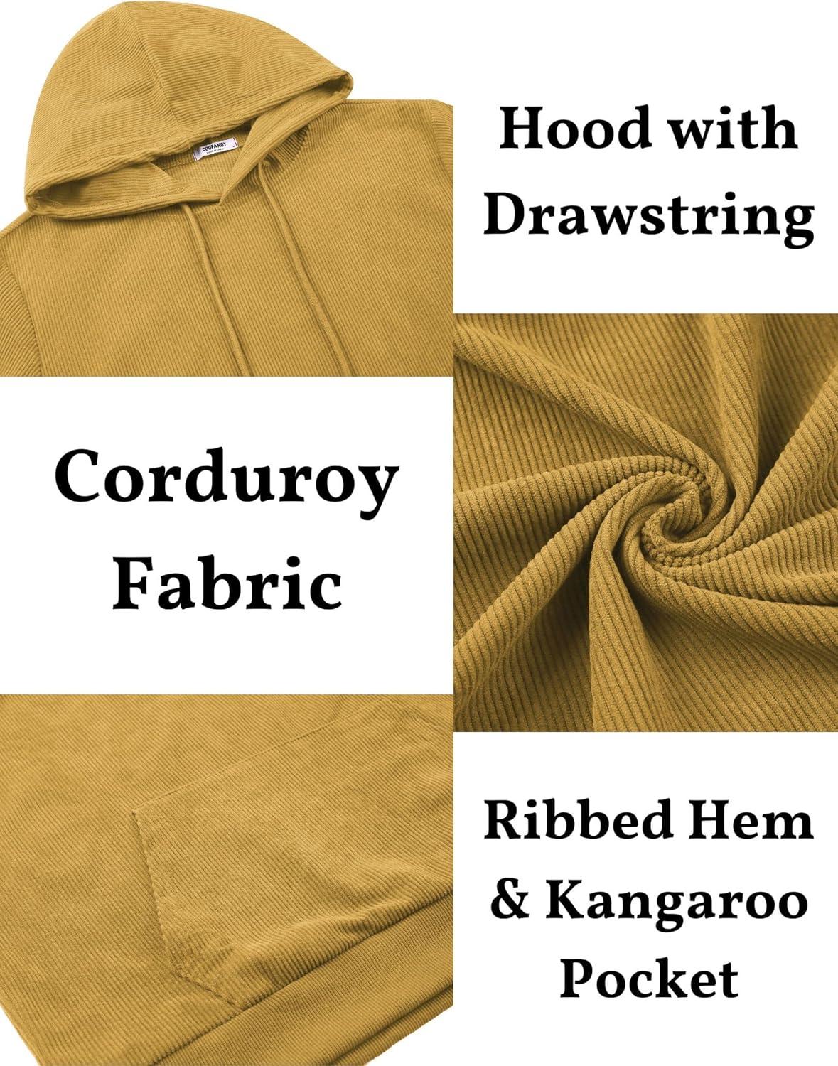 imageCOOFANDY Mens Hooded Sweatshirt Long Sleeve Casual Corduroy Drawstring Pullover Hoodies with PocketYellow