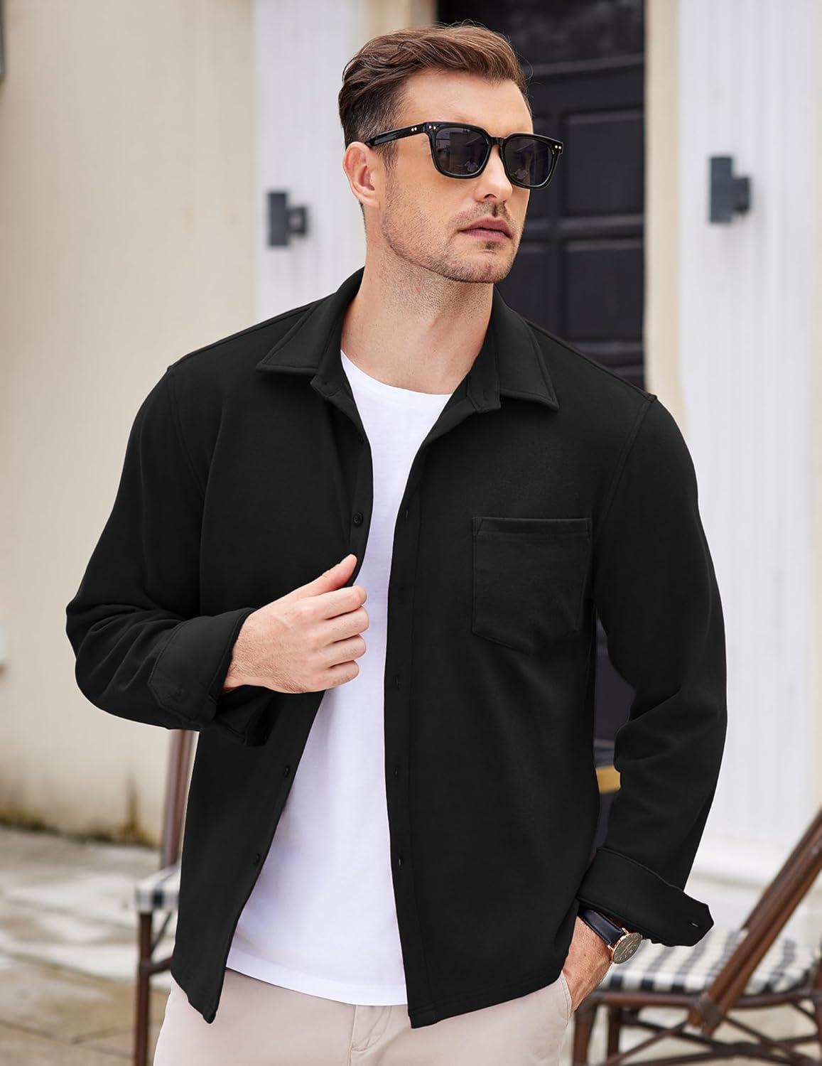 imageCOOFANDY Mens Long Sleeve Button Down Shirt Casual Lightweight Shacket Spring Fall Shirt Jacket Overshirt with PocketsBlack