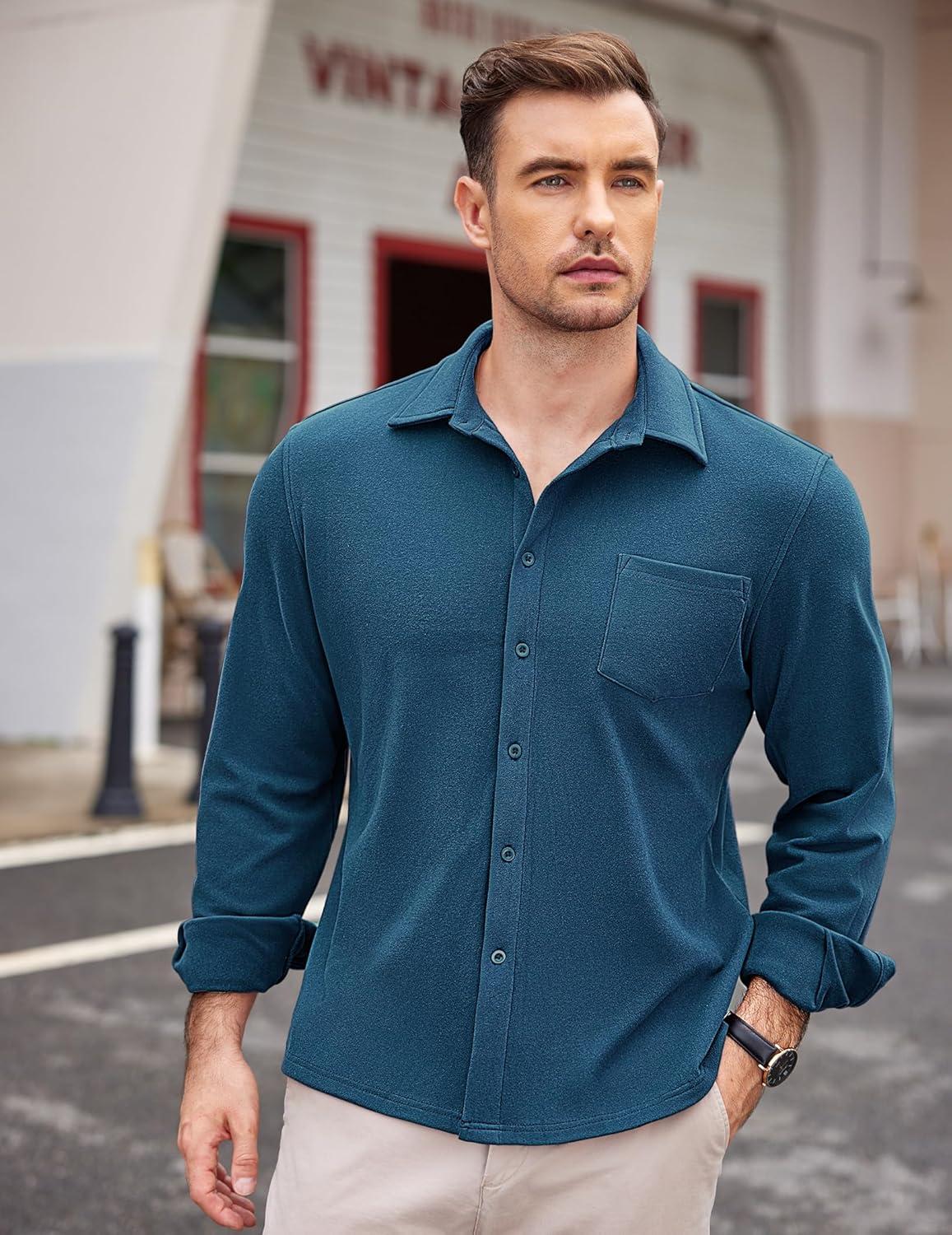 imageCOOFANDY Mens Long Sleeve Button Down Shirt Casual Lightweight Shacket Spring Fall Shirt Jacket Overshirt with PocketsDark Blue