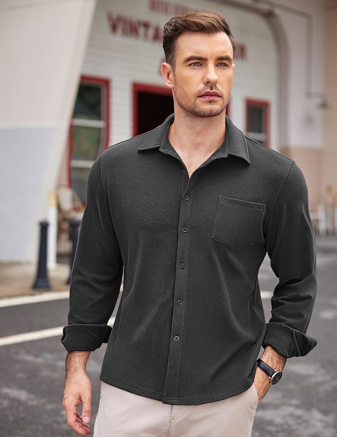imageCOOFANDY Mens Long Sleeve Button Down Shirt Casual Lightweight Shacket Spring Fall Shirt Jacket Overshirt with PocketsDark Grey