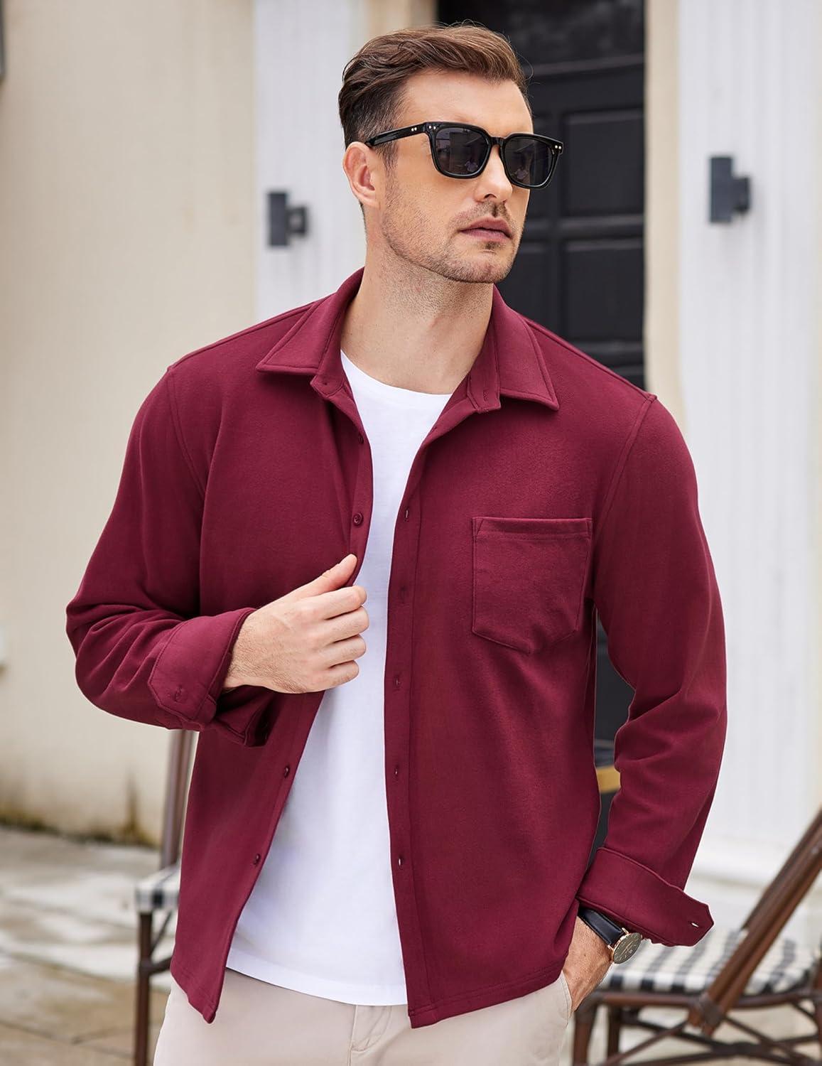 imageCOOFANDY Mens Long Sleeve Button Down Shirt Casual Lightweight Shacket Spring Fall Shirt Jacket Overshirt with PocketsDark Red