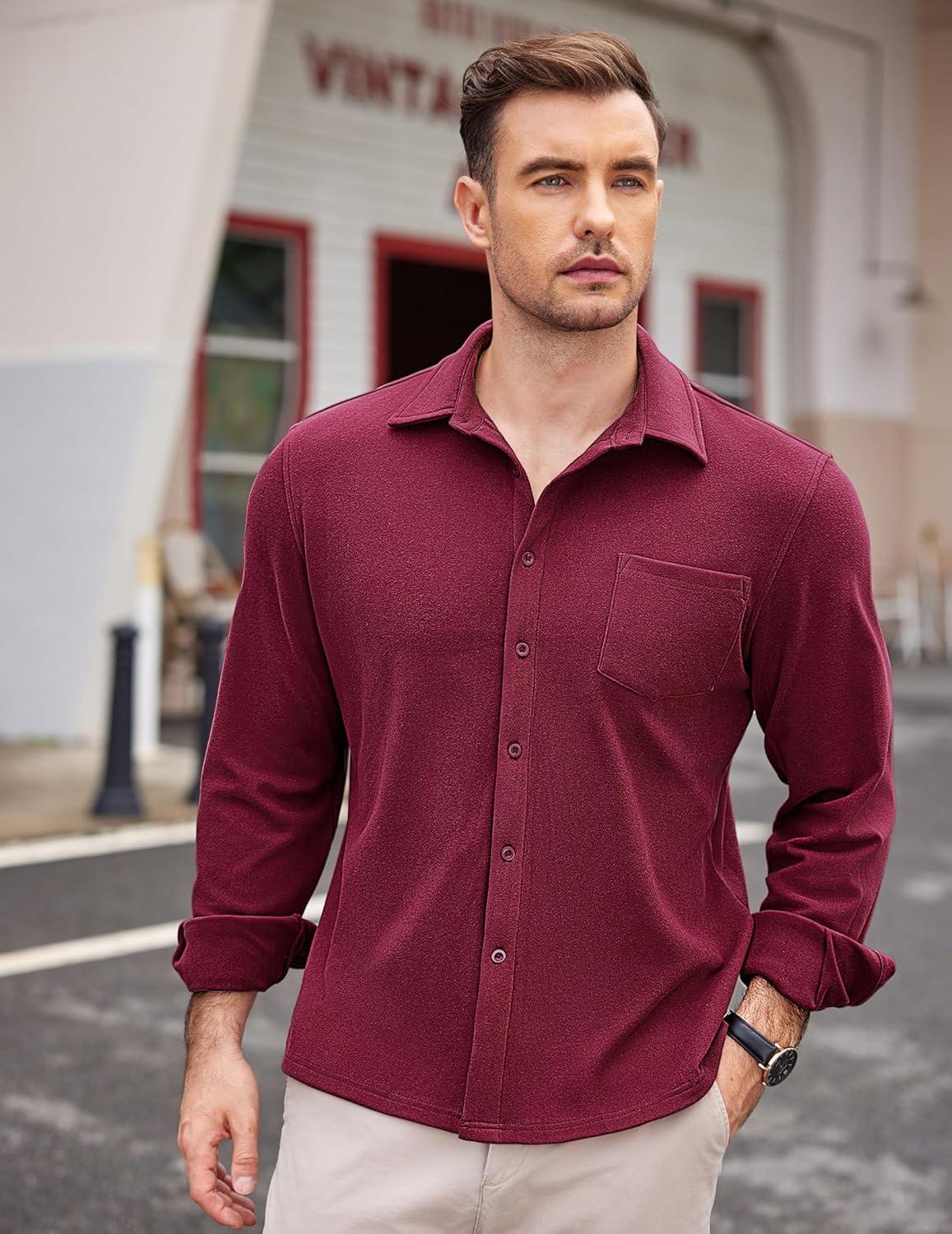 imageCOOFANDY Mens Long Sleeve Button Down Shirt Casual Lightweight Shacket Spring Fall Shirt Jacket Overshirt with PocketsDark Red