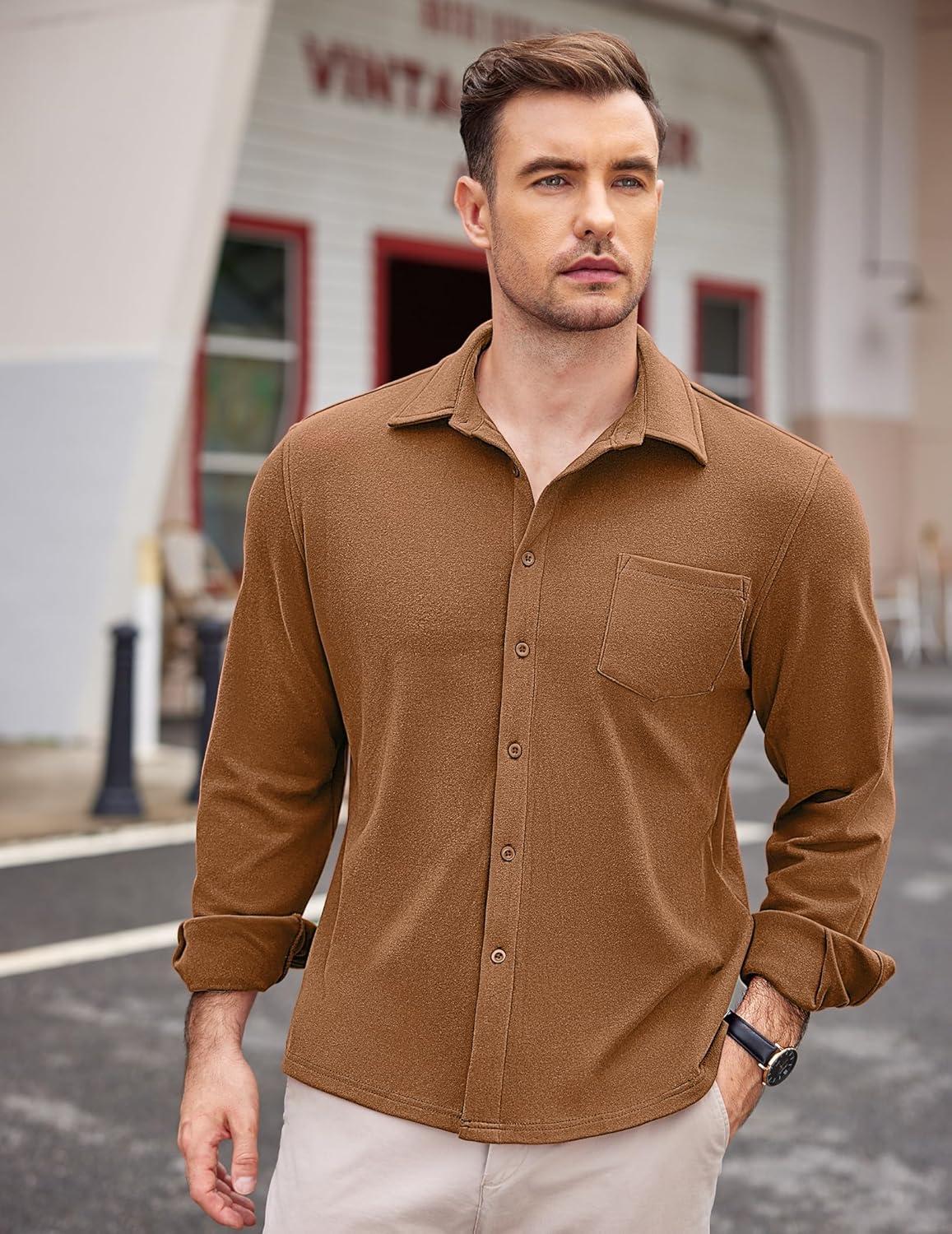 imageCOOFANDY Mens Long Sleeve Button Down Shirt Casual Lightweight Shacket Spring Fall Shirt Jacket Overshirt with PocketsLight Brown
