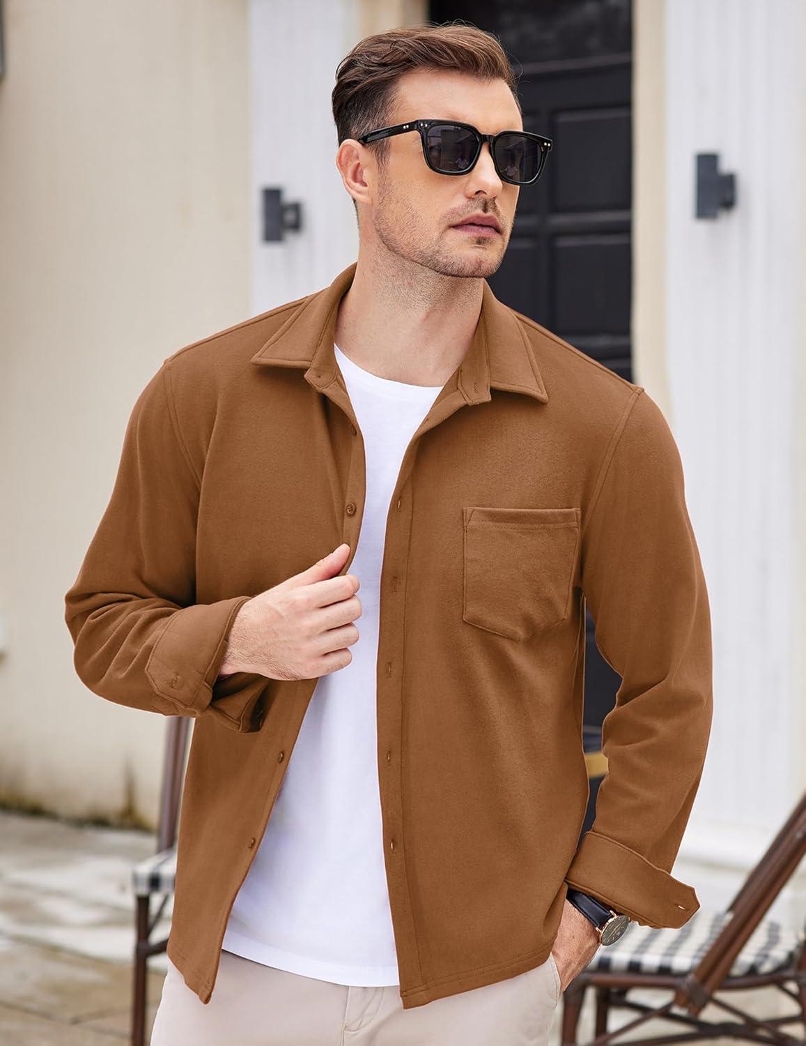 imageCOOFANDY Mens Long Sleeve Button Down Shirt Casual Lightweight Shacket Spring Fall Shirt Jacket Overshirt with PocketsLight Brown