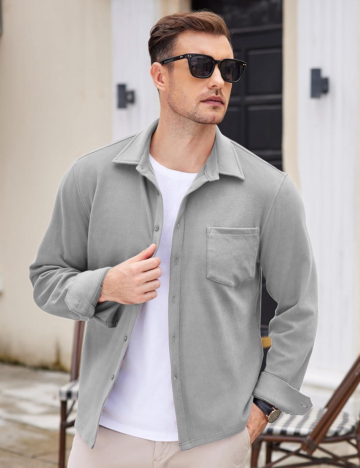 imageCOOFANDY Mens Long Sleeve Button Down Shirt Casual Lightweight Shacket Spring Fall Shirt Jacket Overshirt with PocketsLight Grey