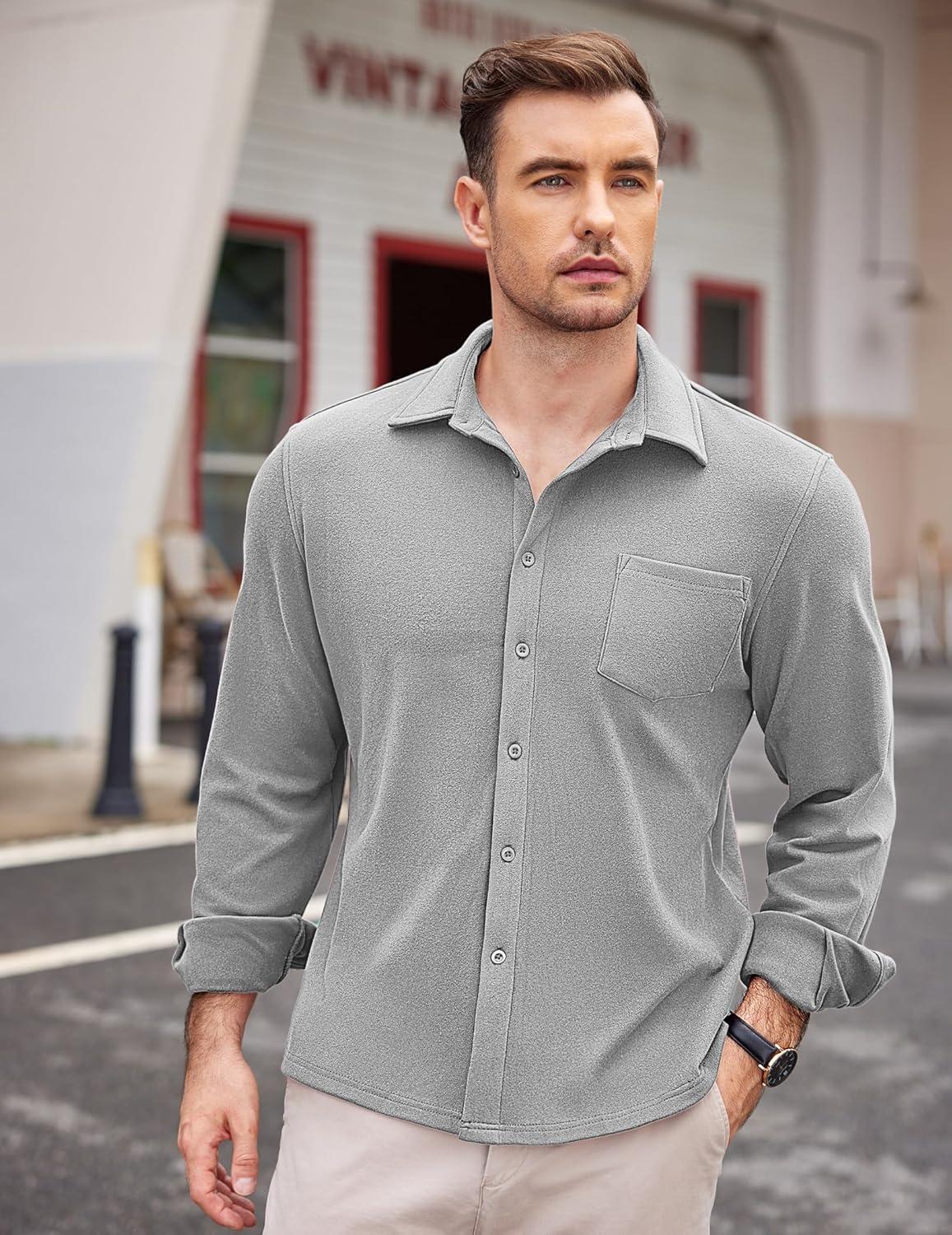 imageCOOFANDY Mens Long Sleeve Button Down Shirt Casual Lightweight Shacket Spring Fall Shirt Jacket Overshirt with PocketsLight Grey