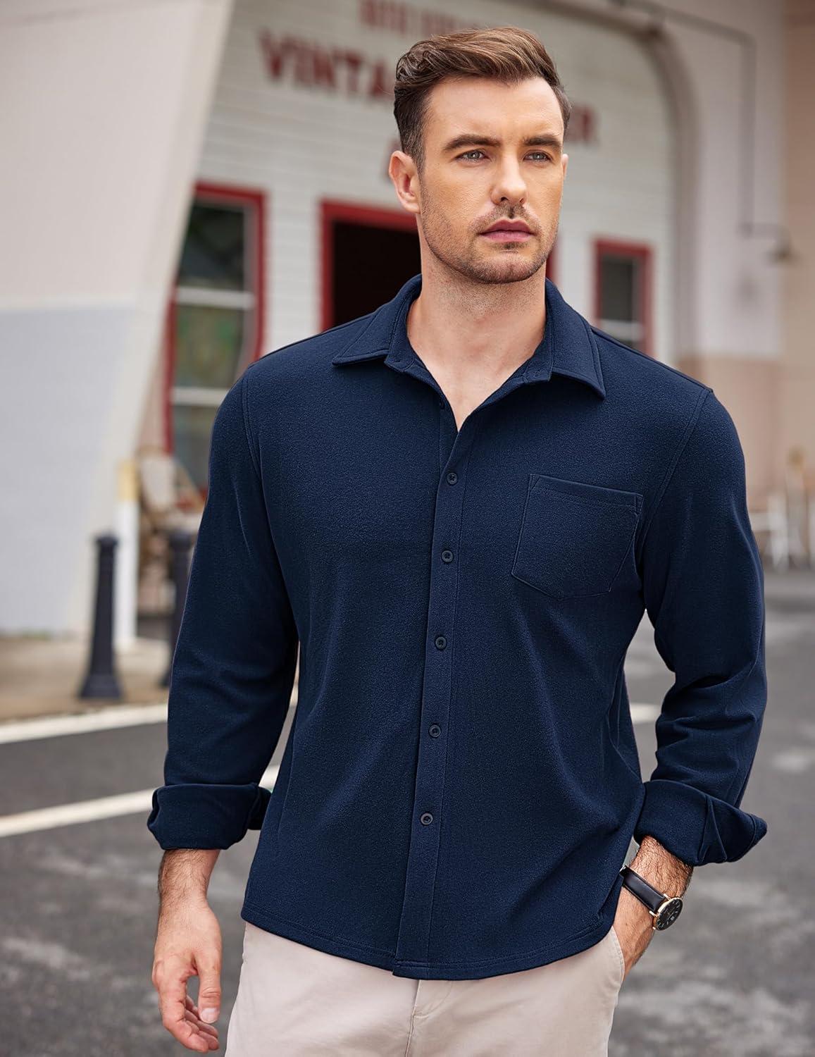 imageCOOFANDY Mens Long Sleeve Button Down Shirt Casual Lightweight Shacket Spring Fall Shirt Jacket Overshirt with PocketsNavy Blue