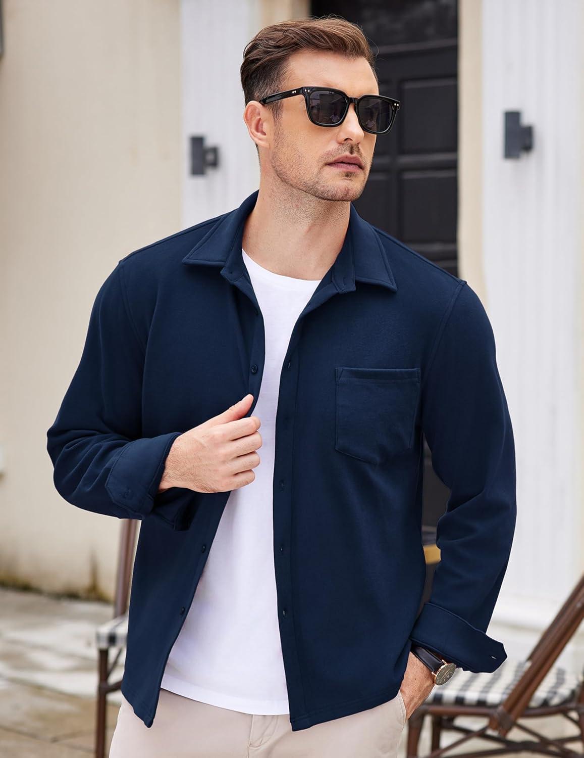 imageCOOFANDY Mens Long Sleeve Button Down Shirt Casual Lightweight Shacket Spring Fall Shirt Jacket Overshirt with PocketsNavy Blue