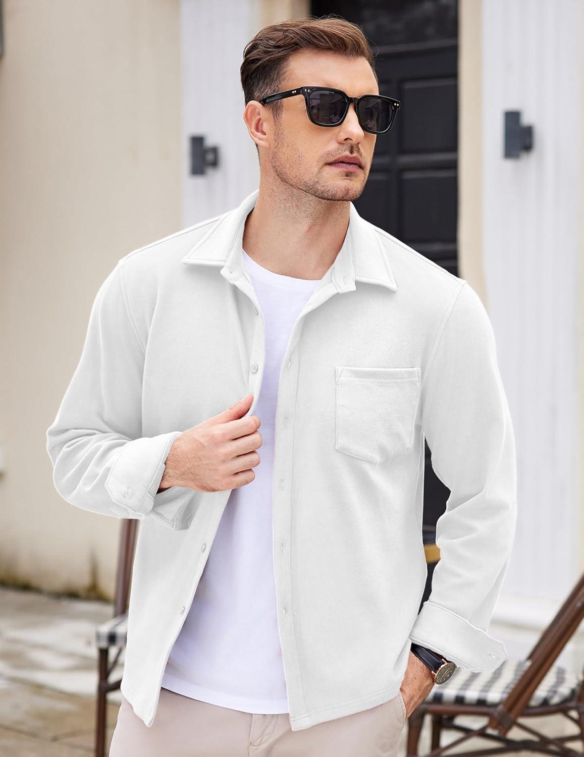 imageCOOFANDY Mens Long Sleeve Button Down Shirt Casual Lightweight Shacket Spring Fall Shirt Jacket Overshirt with PocketsWhite