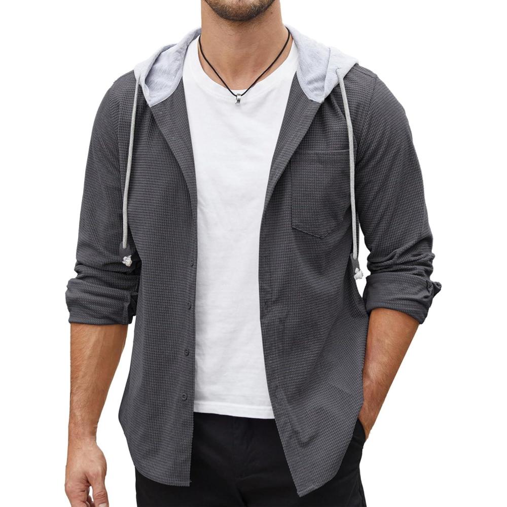 imageCOOFANDY Mens Corduroy Shirt Jackets Long Sleeve Button Down Casual Stylish Hooded Shacket Jacket with PocketDark Grey