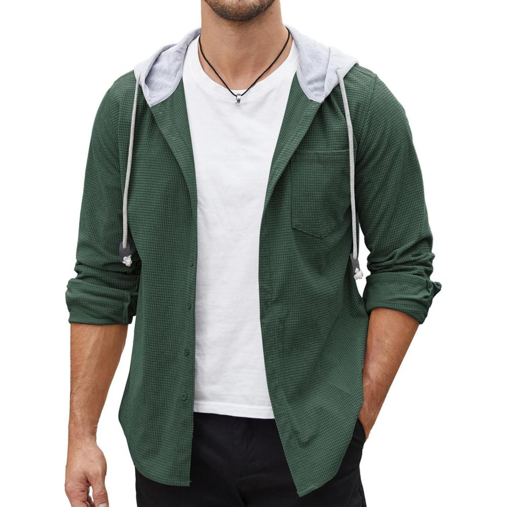 imageCOOFANDY Mens Corduroy Shirt Jackets Long Sleeve Button Down Casual Stylish Hooded Shacket Jacket with PocketGreen