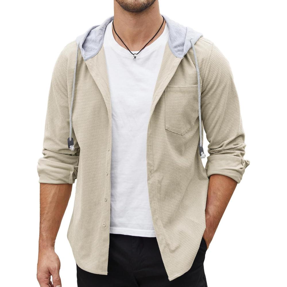 imageCOOFANDY Mens Corduroy Shirt Jackets Long Sleeve Button Down Casual Stylish Hooded Shacket Jacket with PocketKhaki