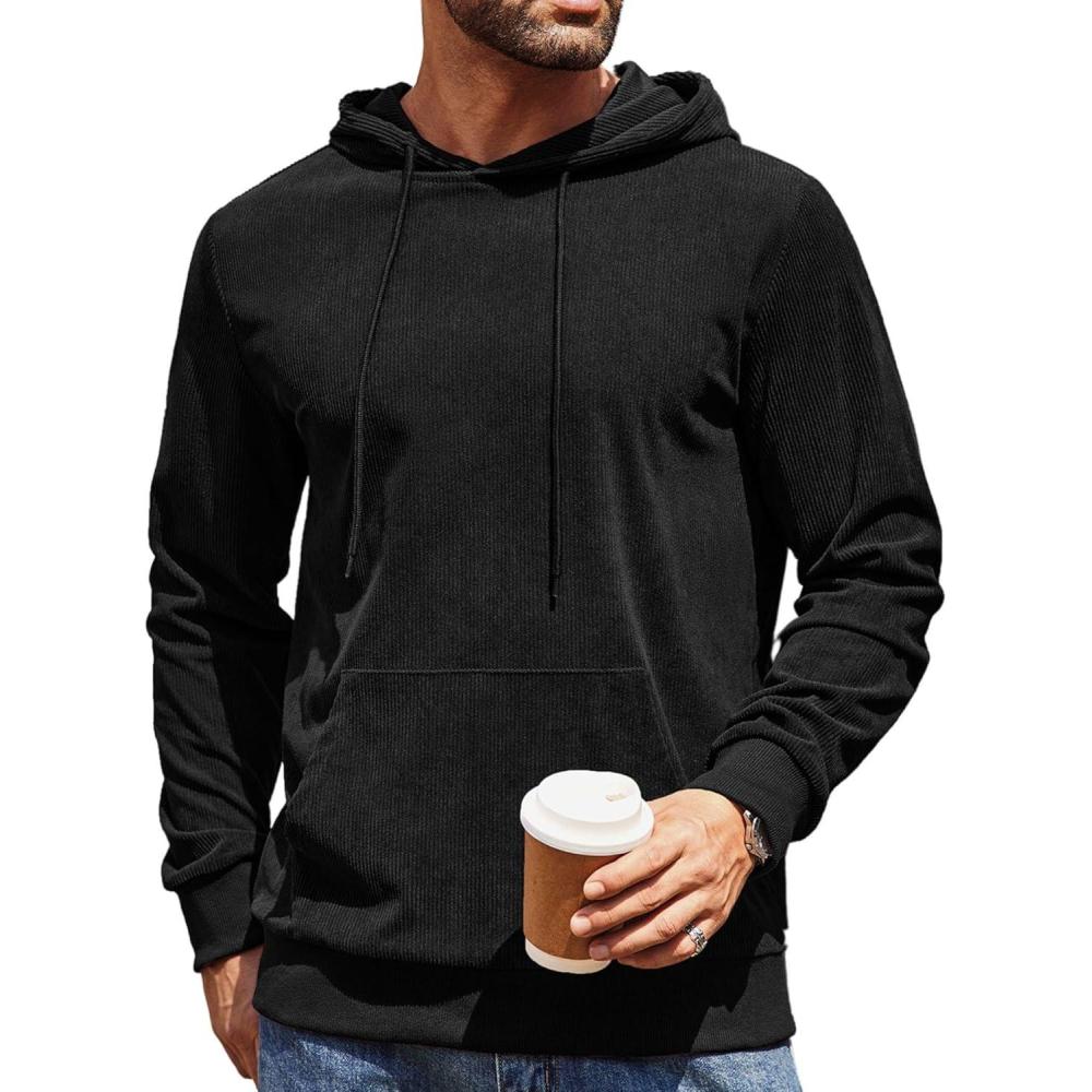 imageCOOFANDY Mens Hooded Sweatshirt Long Sleeve Casual Corduroy Drawstring Pullover Hoodies with PocketBlack