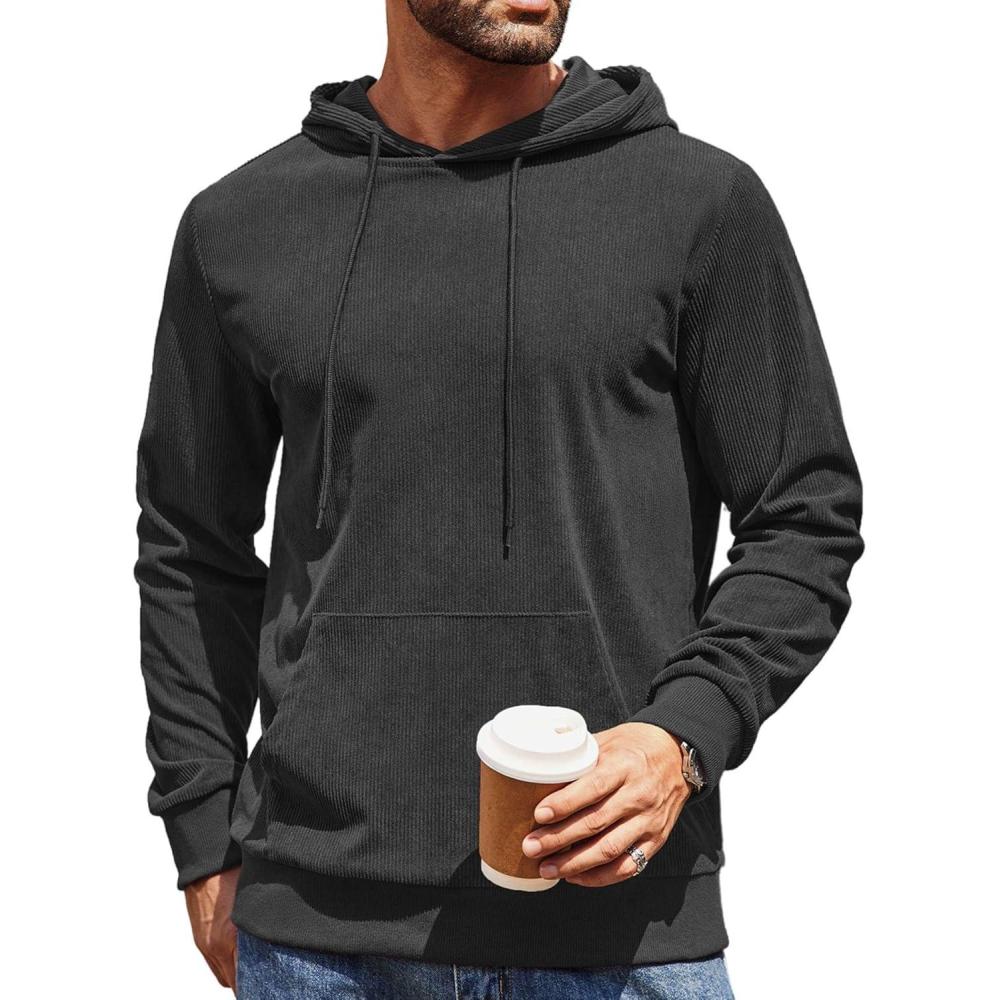 imageCOOFANDY Mens Hooded Sweatshirt Long Sleeve Casual Corduroy Drawstring Pullover Hoodies with PocketDark Grey