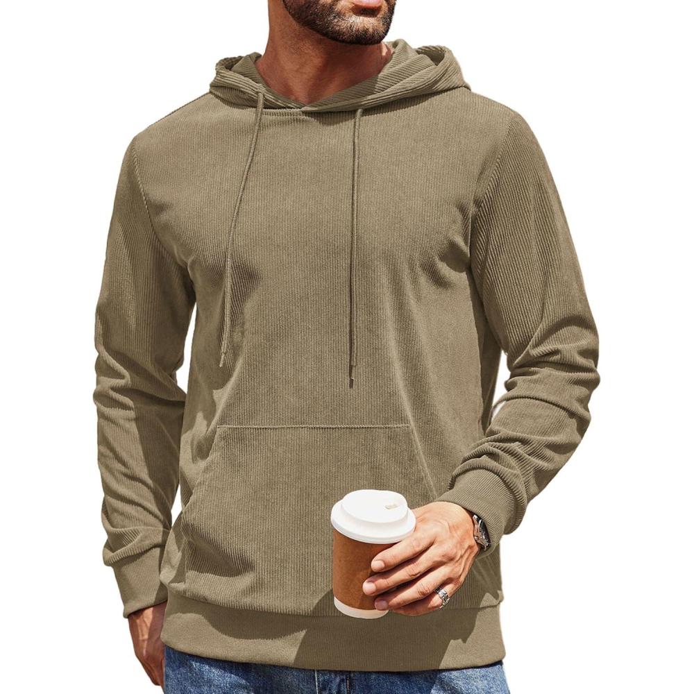 imageCOOFANDY Mens Hooded Sweatshirt Long Sleeve Casual Corduroy Drawstring Pullover Hoodies with PocketKhaki