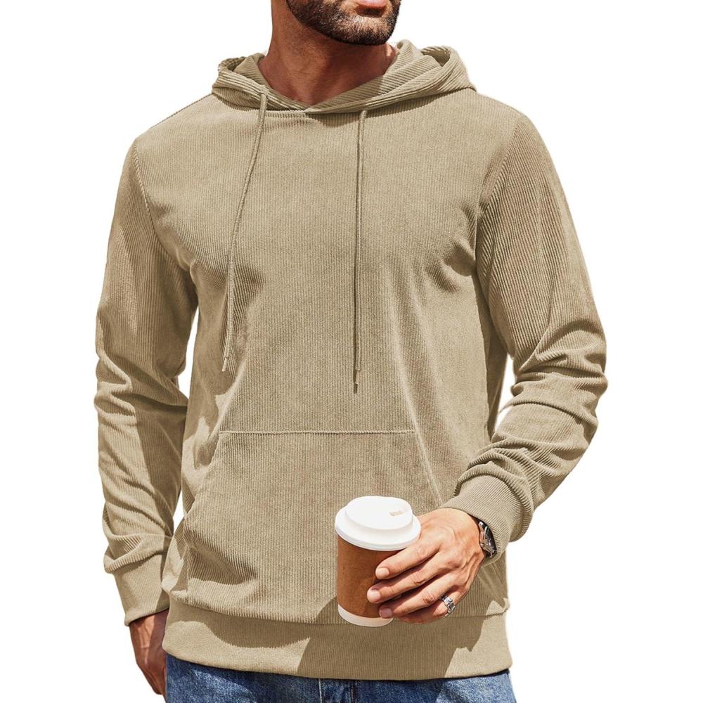 imageCOOFANDY Mens Hooded Sweatshirt Long Sleeve Casual Corduroy Drawstring Pullover Hoodies with PocketLight Coffee