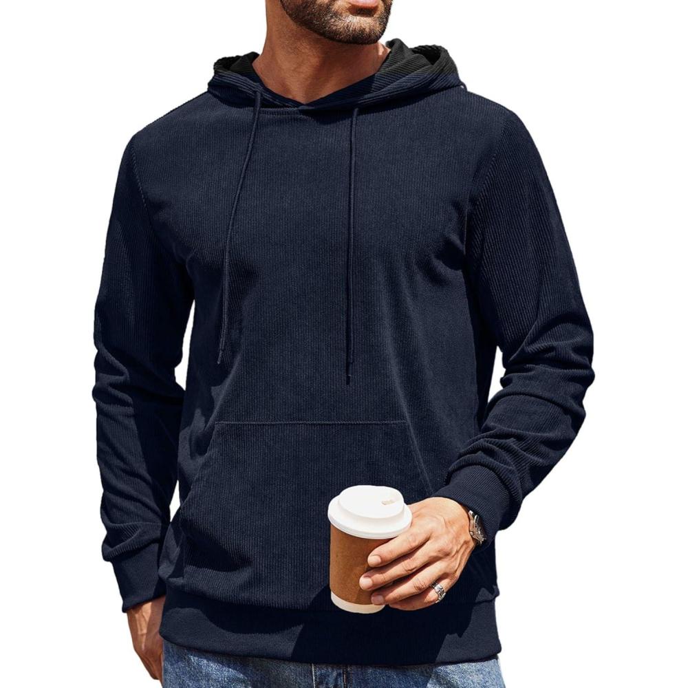 imageCOOFANDY Mens Hooded Sweatshirt Long Sleeve Casual Corduroy Drawstring Pullover Hoodies with PocketNavy Blue