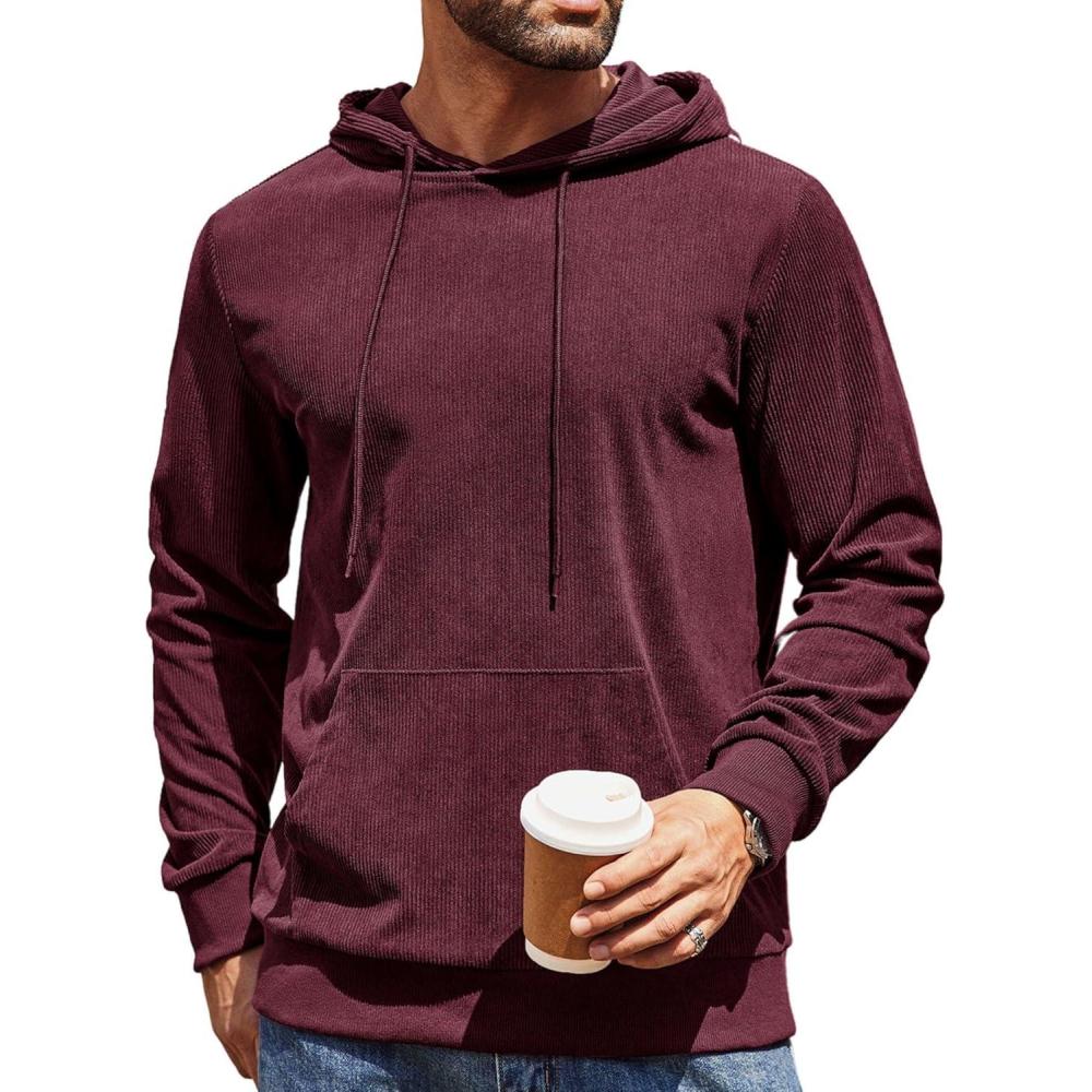 imageCOOFANDY Mens Hooded Sweatshirt Long Sleeve Casual Corduroy Drawstring Pullover Hoodies with PocketWine Red