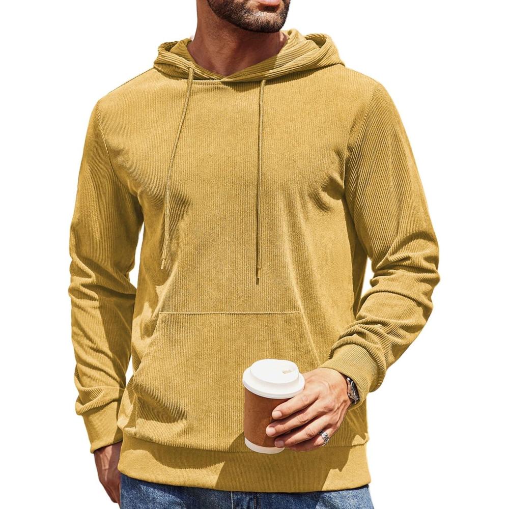 imageCOOFANDY Mens Hooded Sweatshirt Long Sleeve Casual Corduroy Drawstring Pullover Hoodies with PocketYellow