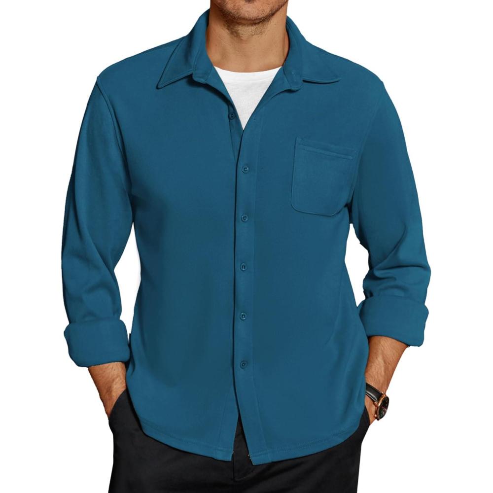 imageCOOFANDY Mens Long Sleeve Button Down Shirt Casual Lightweight Shacket Spring Fall Shirt Jacket Overshirt with PocketsDark Blue