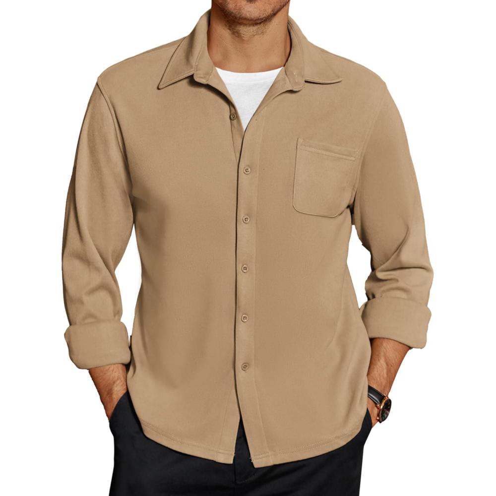 imageCOOFANDY Mens Long Sleeve Button Down Shirt Casual Lightweight Shacket Spring Fall Shirt Jacket Overshirt with PocketsKhaki