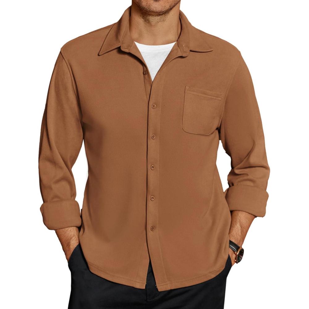 imageCOOFANDY Mens Long Sleeve Button Down Shirt Casual Lightweight Shacket Spring Fall Shirt Jacket Overshirt with PocketsLight Brown