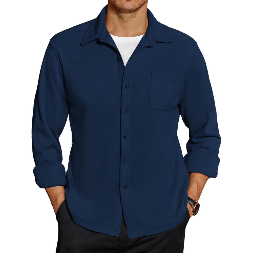 imageCOOFANDY Mens Long Sleeve Button Down Shirt Casual Lightweight Shacket Spring Fall Shirt Jacket Overshirt with PocketsNavy Blue