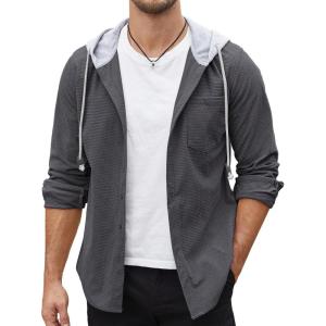 imageCOOFANDY Mens Corduroy Shirt Jackets Long Sleeve Button Down Casual Stylish Hooded Shacket Jacket with PocketDark Grey