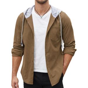 imageCOOFANDY Mens Corduroy Shirt Jackets Long Sleeve Button Down Casual Stylish Hooded Shacket Jacket with PocketLight Brown