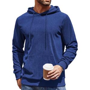 imageCOOFANDY Mens Hooded Sweatshirt Long Sleeve Casual Corduroy Drawstring Pullover Hoodies with PocketBlue