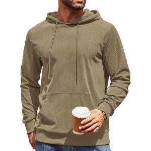 imageCOOFANDY Mens Hooded Sweatshirt Long Sleeve Casual Corduroy Drawstring Pullover Hoodies with PocketKhaki