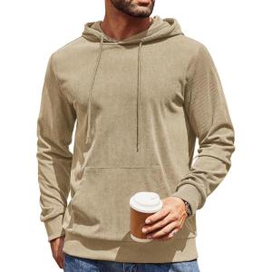 imageCOOFANDY Mens Hooded Sweatshirt Long Sleeve Casual Corduroy Drawstring Pullover Hoodies with PocketLight Coffee