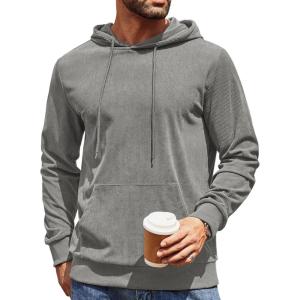 imageCOOFANDY Mens Hooded Sweatshirt Long Sleeve Casual Corduroy Drawstring Pullover Hoodies with PocketLight Grey