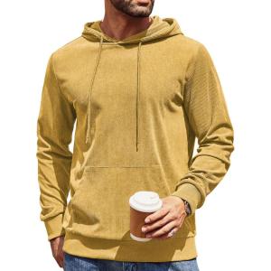 imageCOOFANDY Mens Hooded Sweatshirt Long Sleeve Casual Corduroy Drawstring Pullover Hoodies with PocketYellow