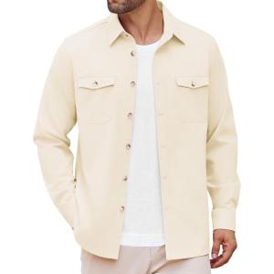 imageCOOFANDY Mens Casual Shirt Jacket Linen Button Down Shirt Long Sleeve Lightweight Shacket with PocketsBeige