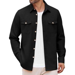 imageCOOFANDY Mens Casual Shirt Jacket Linen Button Down Shirt Long Sleeve Lightweight Shacket with PocketsBlack