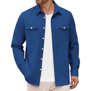 imageCOOFANDY Mens Casual Shirt Jacket Linen Button Down Shirt Long Sleeve Lightweight Shacket with PocketsDark Blue