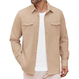 imageCOOFANDY Mens Casual Shirt Jacket Linen Button Down Shirt Long Sleeve Lightweight Shacket with PocketsDark Khaki