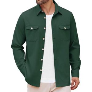 imageCOOFANDY Mens Casual Shirt Jacket Linen Button Down Shirt Long Sleeve Lightweight Shacket with PocketsDeep Army Green